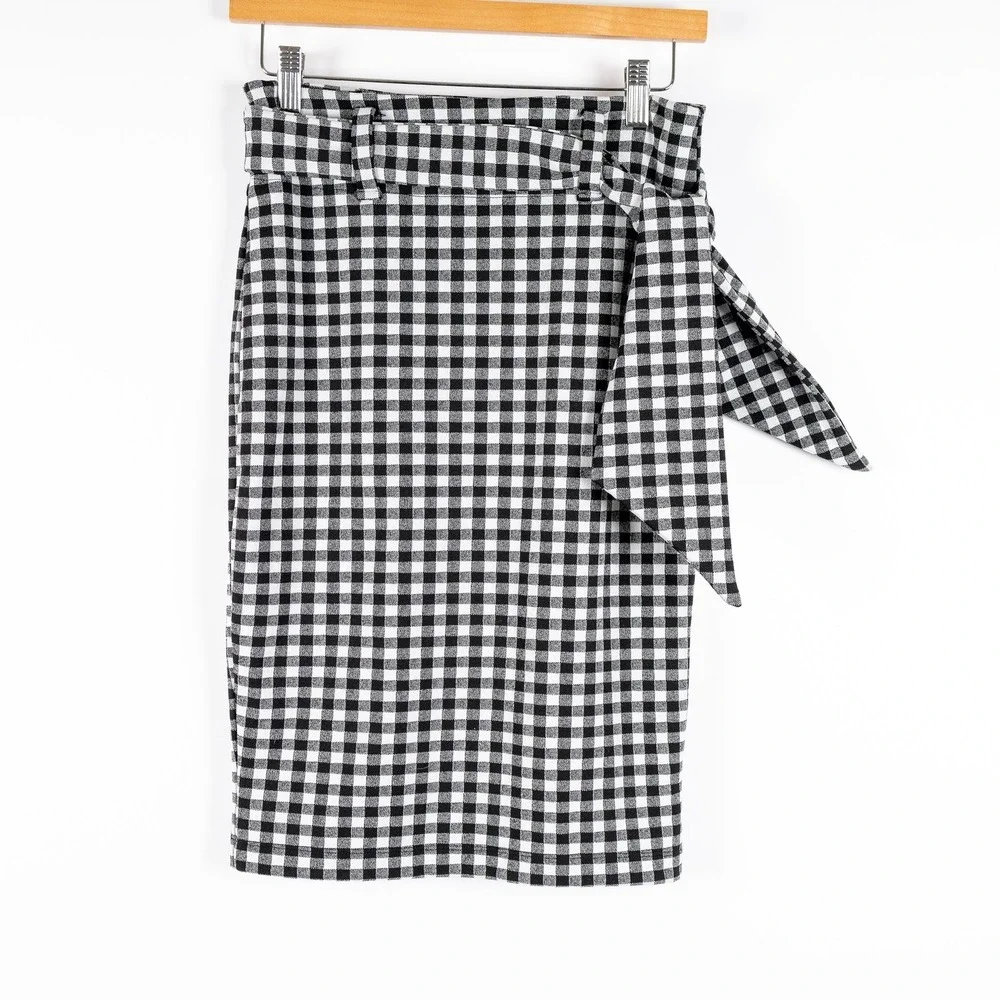 Maeve Anthropologie‎ Black White Gingham Pencil Skirt Tie Waist Women's Small